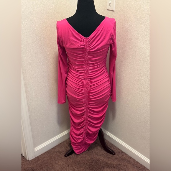 Rachel Parcell Ruched Pink Midi Dress Bodycon Long Sleeve Barbie M - Picture 4 of 9